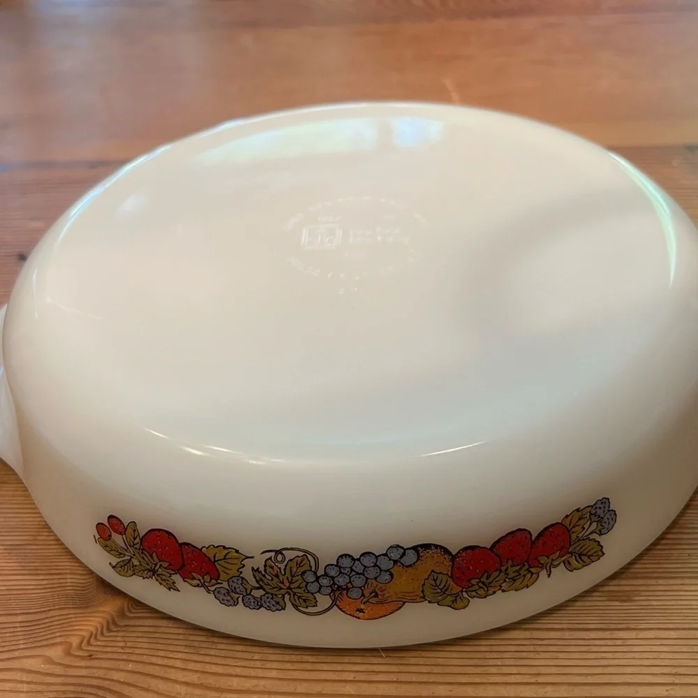 Fire King Anchor Hocking Milk Glass 9 Inch Baking Dish w/Colorful Fruit Design